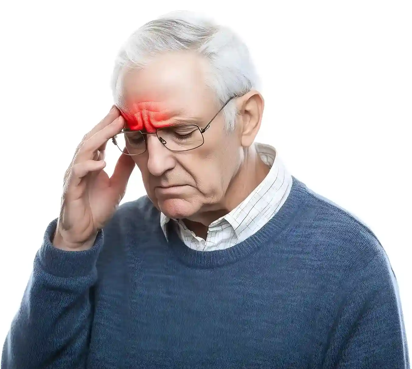 Elderly man holding his head, indicating a headache or neurological discomfort, representing conditions addressed by Holy Evolution Pharma's products.